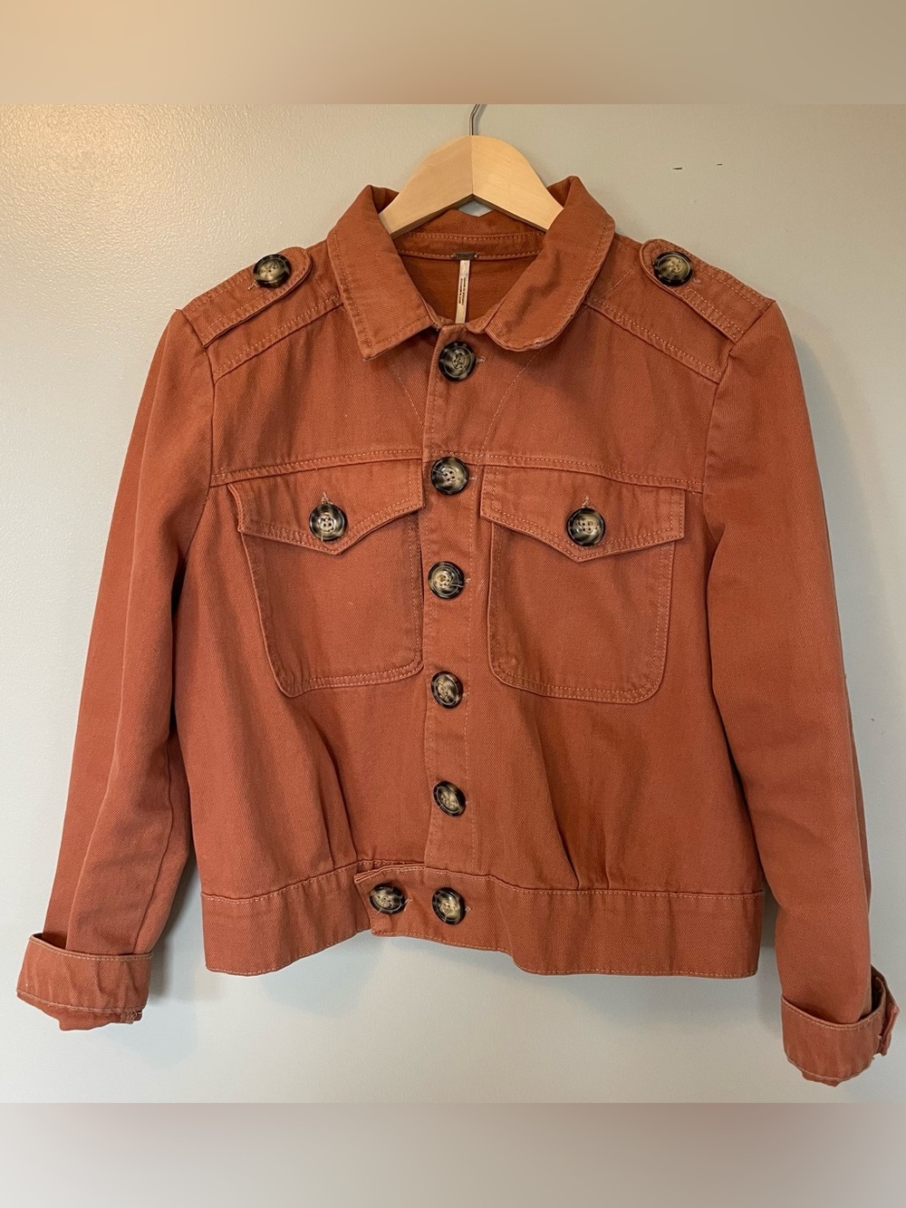 Free People Terracotta Button-Front Jean Jacket